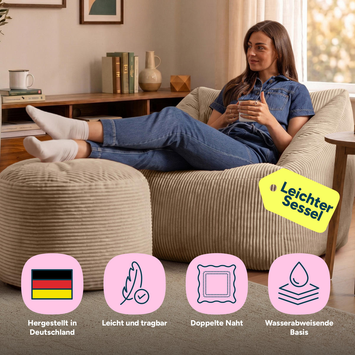 SITZSACK Sessel Natalia mit Sitzpouf - Beige, Textil (100/80/88cm) - icon