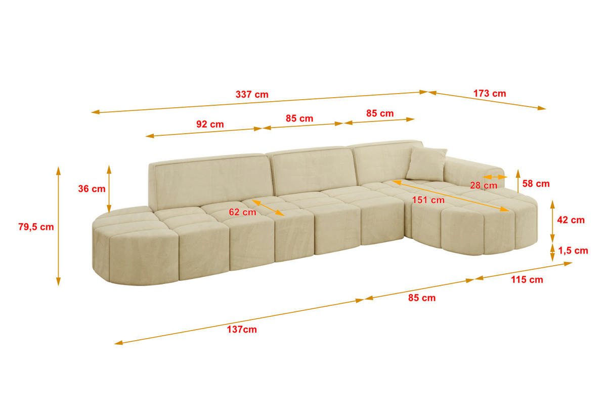 ECKSOFA Ottomane Rechts LIVO-L2 - 337x173x79,5 cm Beige - Beige, Holzwerkstoff/Textil (337/173cm) - ALTDECOR