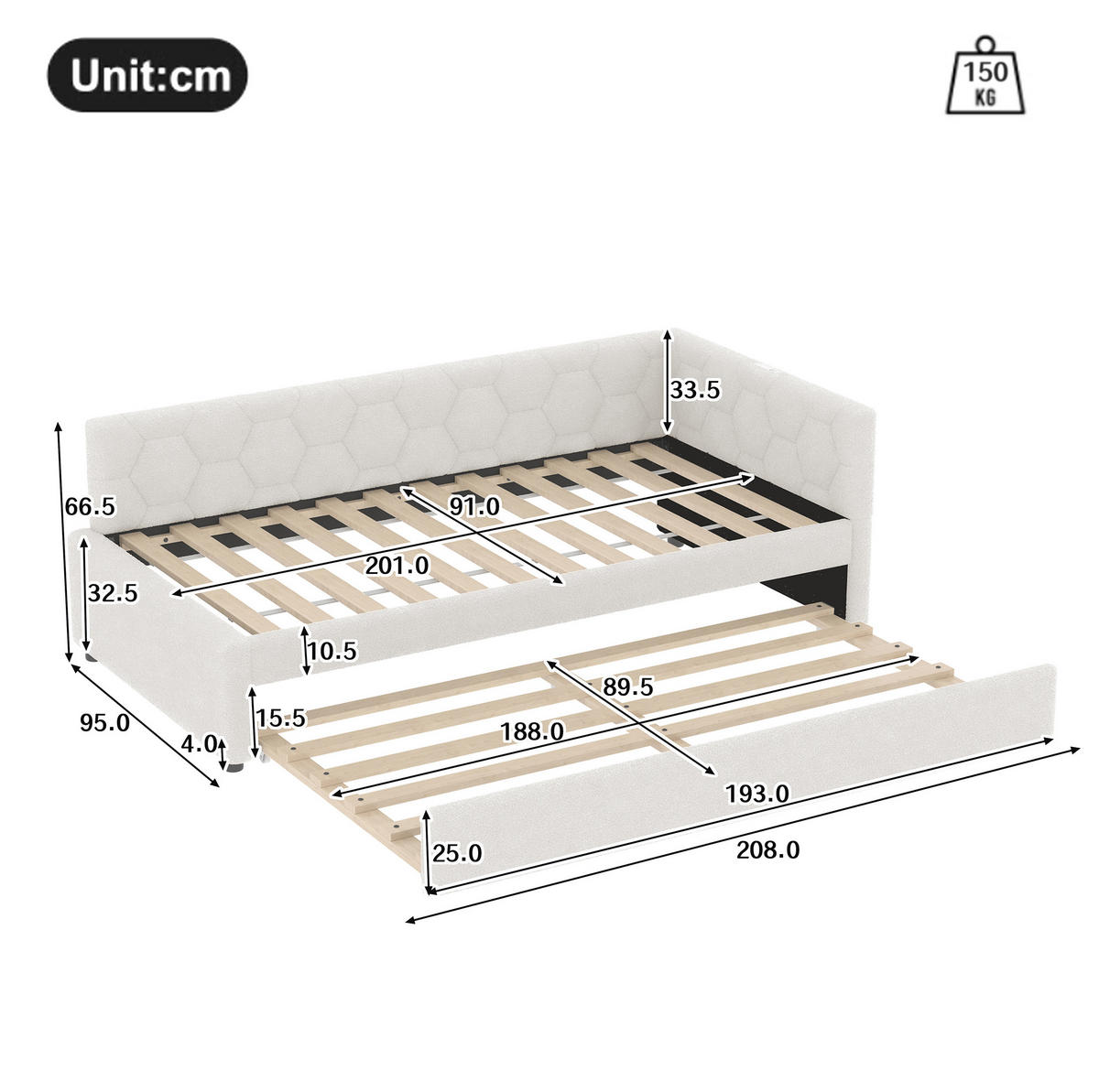 POSTEL 90/200 cm bílá z MDF a bouclé s výsuvným lůžkem USB a Type-C - bílá, textil (90/200cm) - OKWISH