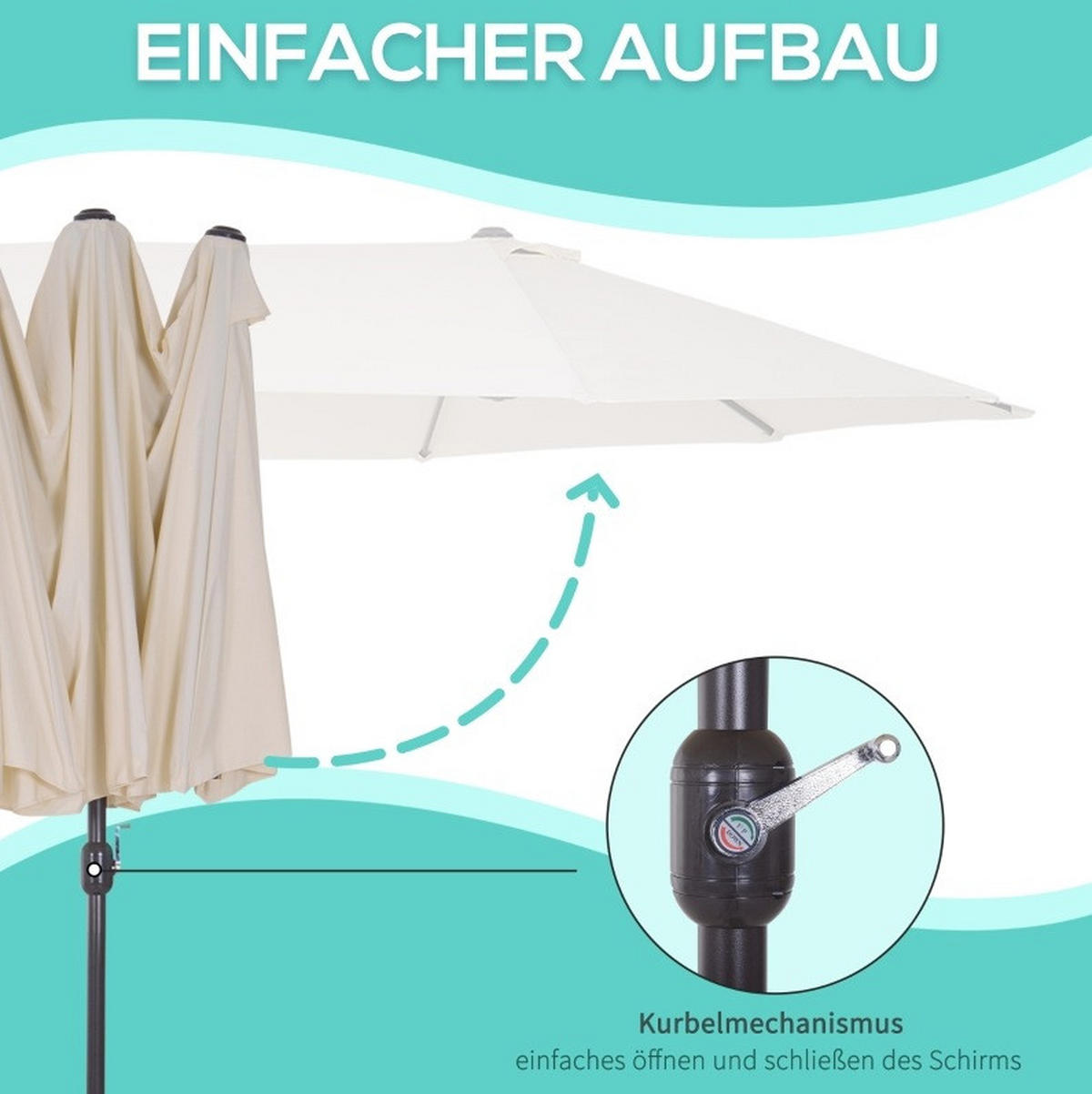 SONNENSCHIRM 455/270 cm in Beige mit Kurbel – Doppelsonnenschirm für Garten und Terrasse - Beige, Metall (265/455cm) - BEAOK