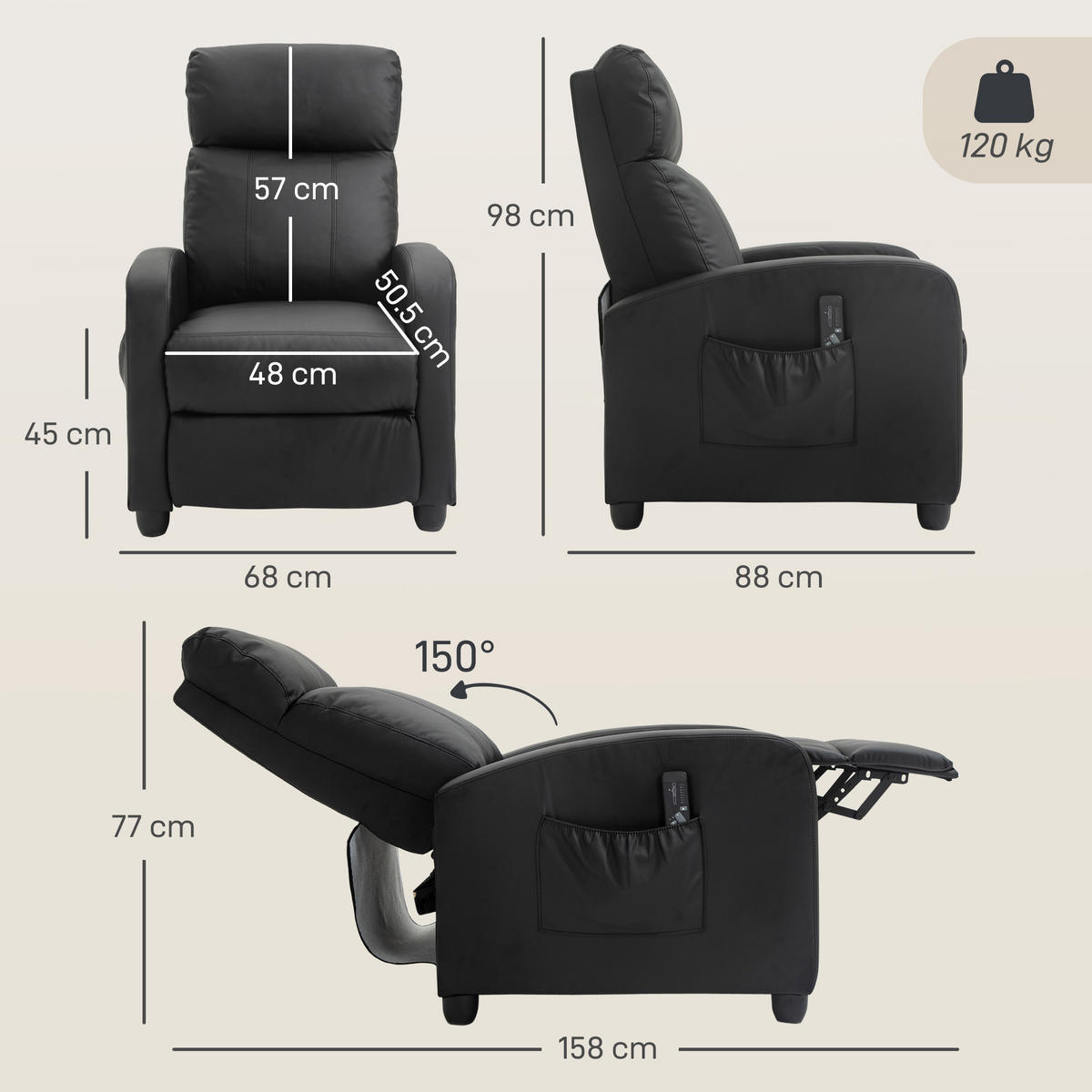 MASSAGESESSEL,8 Programme verstellbare Lehne Fußstütze,schwarz - Schwarz, Leder (88/98/68cm) - Vallsero