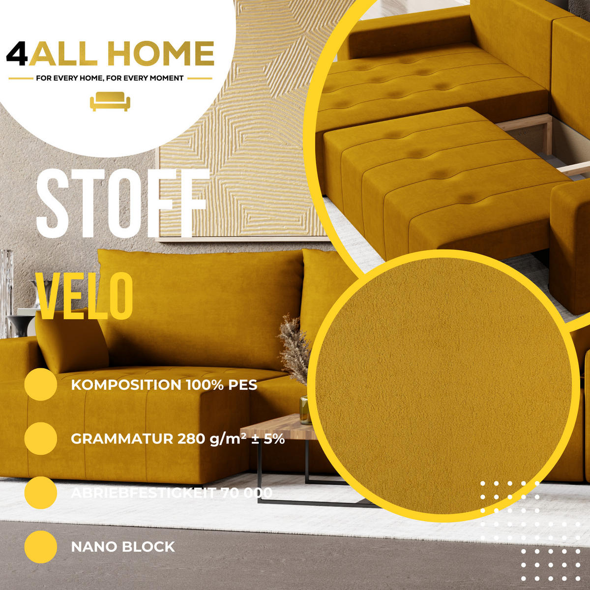 ECKSOFA Tico mit Bettkasten und Schlaffunktion, L-Form/XL-Form, Velourstoff, Universal - Currygelb, Holzwerkstoff (276/145cm) - 4ALL HOME