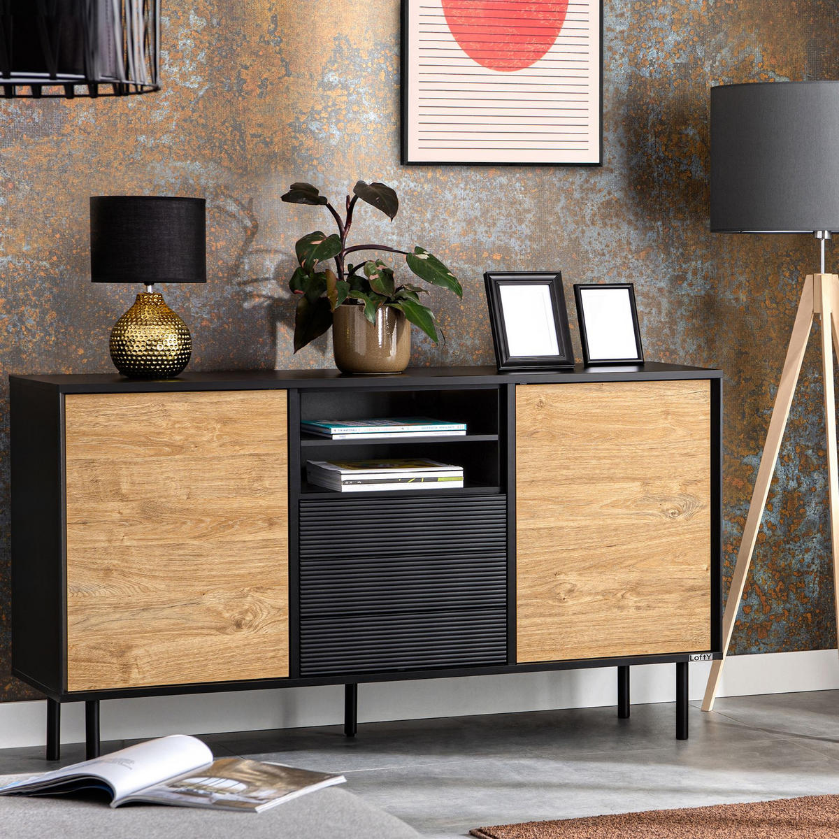KOMMODE LOFTY TV/HiFi-Einlage, schwarz / Eiche natur - Eichefarben/Schwarz, Holzwerkstoff (151/84/41cm) - KONSIMO®