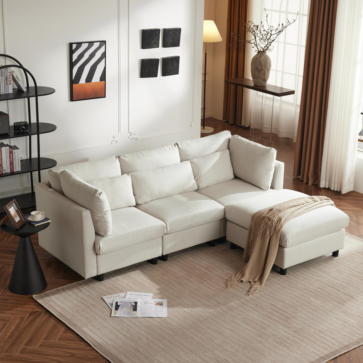 ECKSOFA L-Form Dreisitzer mit Fußhocker Modern Polster Beige - Beige, Holz (76/76cm) - FLIEKS