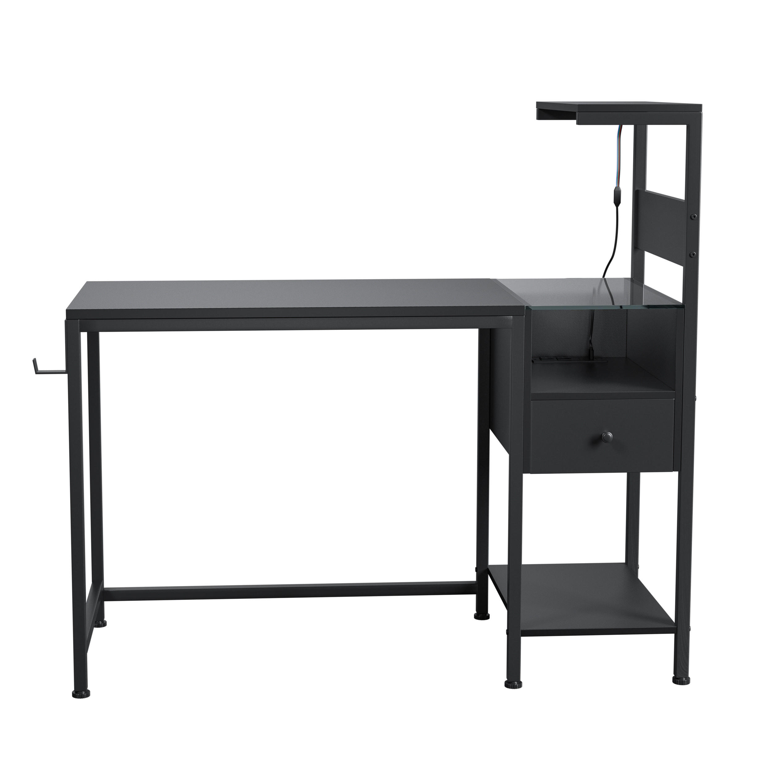COMPUTERTISCH Schwarz 122/51/110 cm mit Stromanschluss USB LED-Beleuchtung und Regal - Schwarz, Metall (50/122/115cm) - PANGIVO