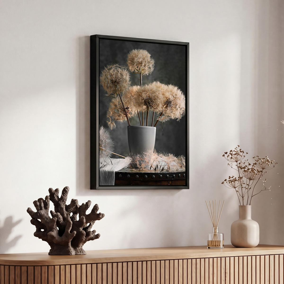 LEINWAND Bilder mit Rahmen - Blumensamen - Löwenzahn - Vase - Stilleben - Blumenstrauß - 20x30 - Dunkelgrau, Textil (20/30cm) - MuchoWow