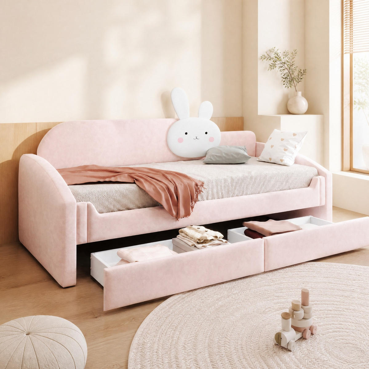 KINDER-POLSTERBETT 90x200 cm in Rosa mit LED-Beleuchtung und 2 Schubladen - Pink, Textil (90/200cm) - IVMEU