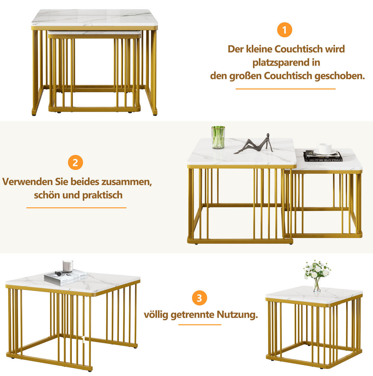 KONFERENČNÍ stolky 60/60/45 cm bílé z MDF v mramorovém vzhledu zasouvací 2 ks - bílá, kompozitní dřevo (60/60/45cm) - OKWISH