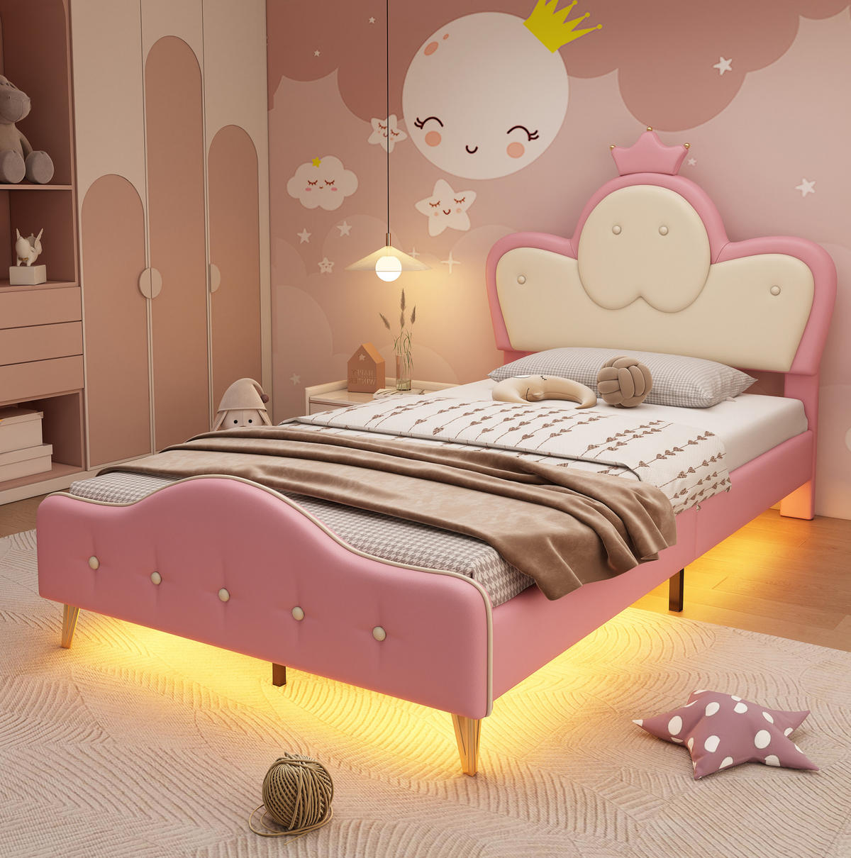 KINDERBETT 90/200 cm mit LED-Lichtleiste, weichen Schutzkanten und Kronen-Kopfteil aus PU, Rosa/Weiß - Weiß, Kunststoff (90/200cm) - Redom