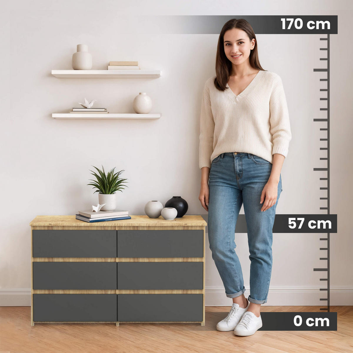 KOMMODE Eiche Artisan, Grau 35x100x57 cm - Eiche Artisan/Grau, Holzwerkstoff (100/57/35cm) - Akord