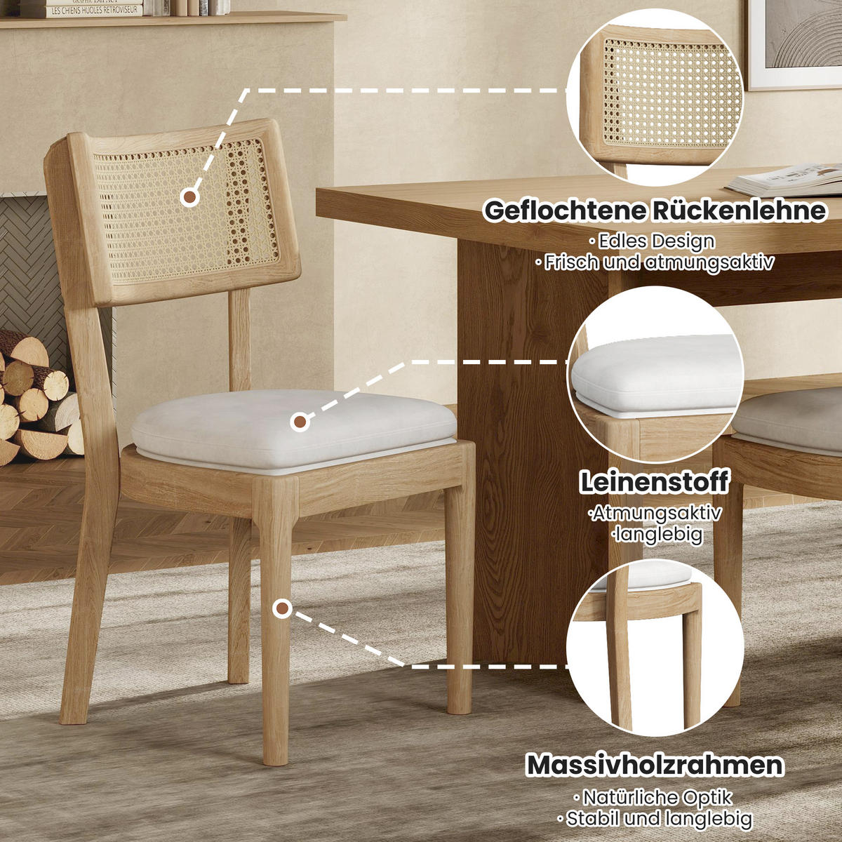 ESSZIMMERSTÜHLE 2er-Set aus Massivholz & Rattan Leinen-Polster in Naturfarben - Naturfarben, Holzwerkstoff (50/88/58cm) - Urban Meuble