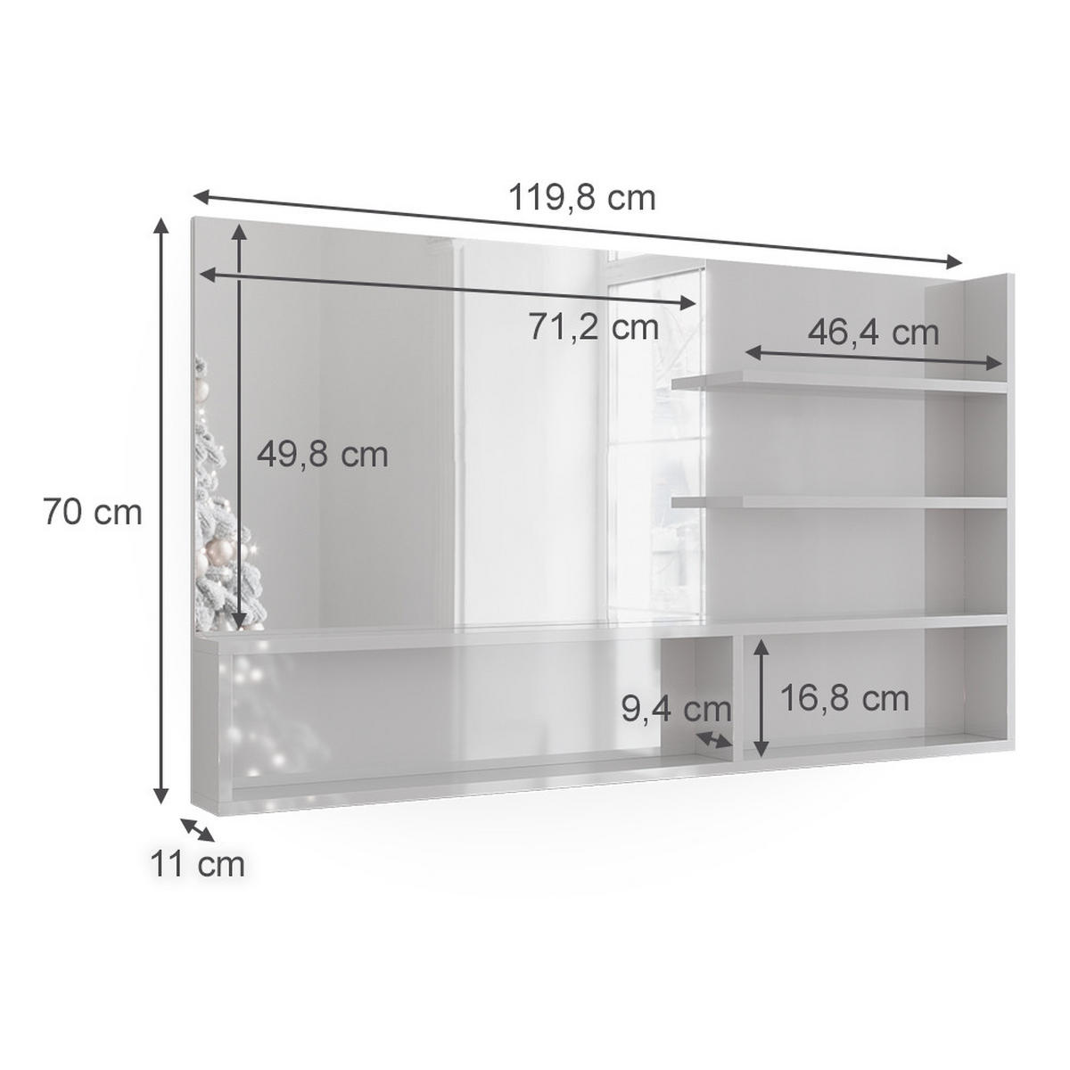SPIEGELREGAL Weiß Hochglanz 119.8 x 70 cm mit offenen Fächern - Weiß Hochglanz, Holzwerkstoff (119.8/70/11cm) - Vicco