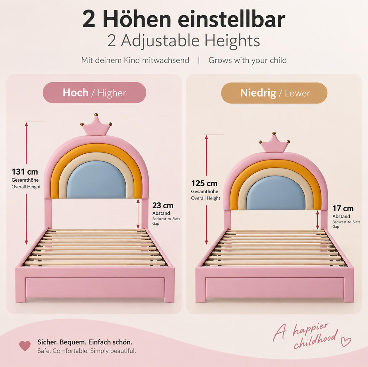 KINDER-POLSTERBETT aus PU 90x200 cm Rosa mit höhenverstellbarem Regenbogen-Kopfteil und Schublade - Pink, Kunststoff (90/200cm) - Modfu