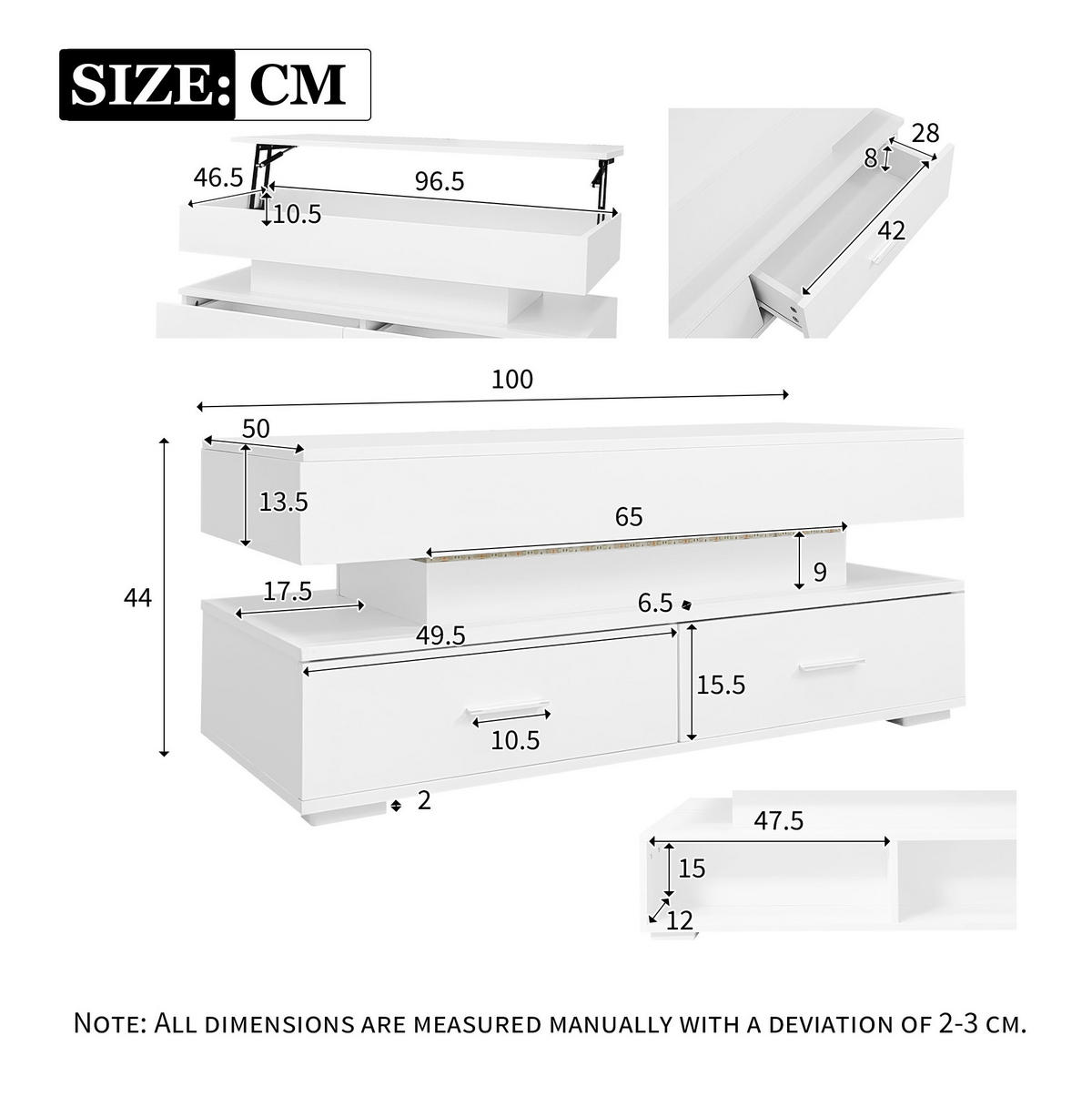 COUCHTISCH 100/50/44 cm weiß aus Spanplatte mit Höhenverstellung, LED-Beleuchtung und Stauraum - Weiß, Holzwerkstoff (100/50/44cm) - OKMYHOME