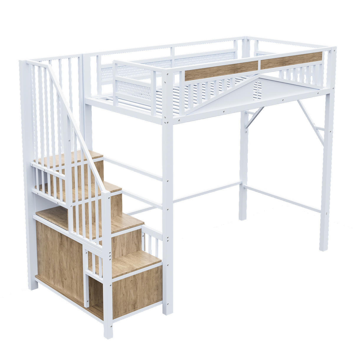 HOCHBETT aus Metall und Holz 90x200 cm Weiß mit Stauraumtreppe, Sicherheitszaun mit Fenster und Freiraum darunter - Weiß, Metall (90/200cm) - Modfu