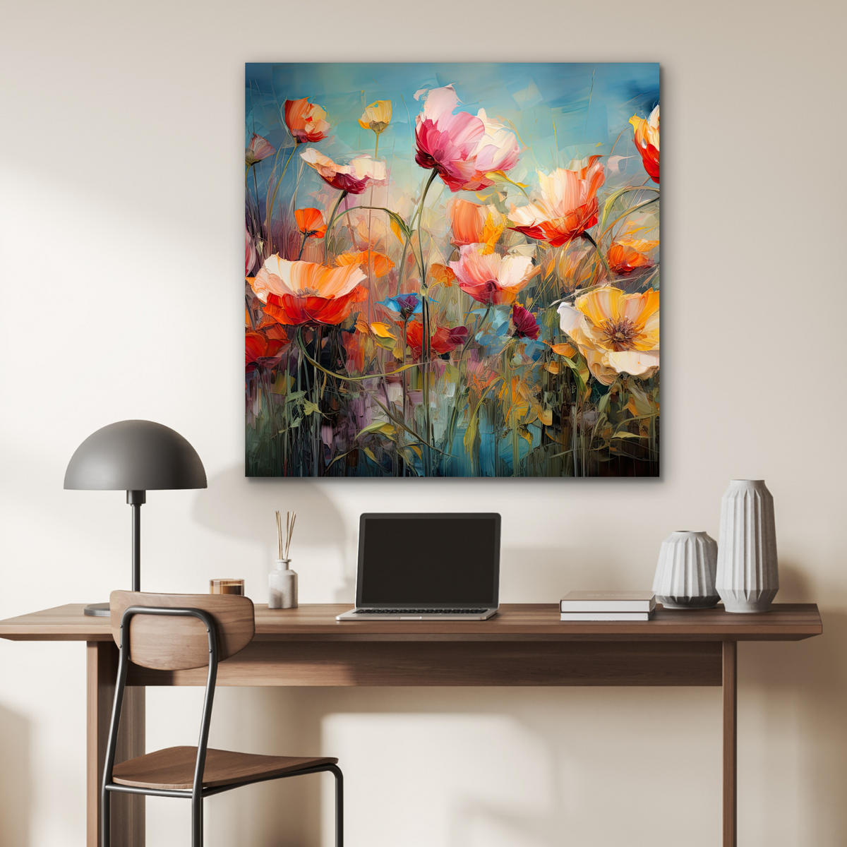 METALLBILD Blumen - Aquarell - Kunst - Botanisch - Natur 90x90 cm - Orange, Metall (90/90cm) - MuchoWow