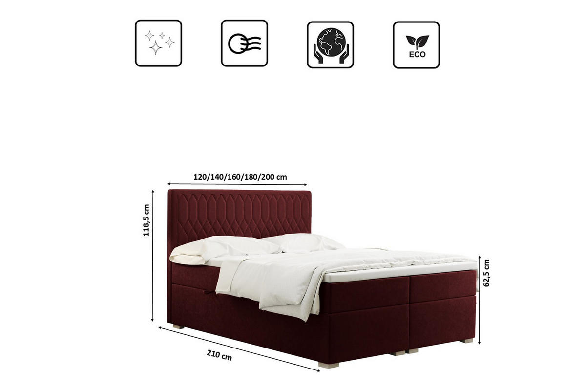 BOXBETT Mit Bettkasten Matratze Topper RIMINI Stoff Riviera Rotwein 160x200 cm H2-Pocket - Rot, Holz/Textil (160/200cm) - Kaiser Möbel