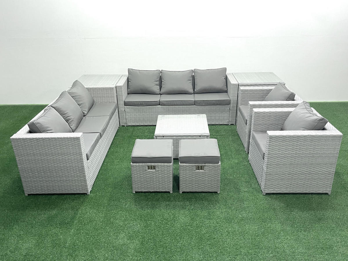 GARTENMÖBEL-SET mit Kissen Polyrattan Hellgrau-Mix 10-Sitzer - Hellgrau/Grau, Glas/Kunststoff - Fimous