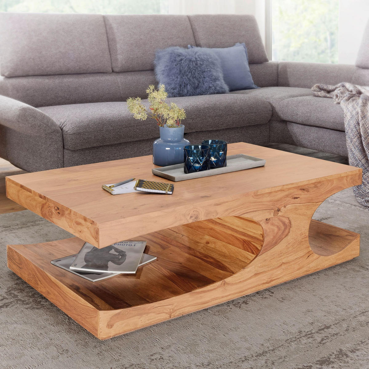 COUCHTISCH Massivholz mit zwei Ablagefächern, handgefertigt und pflegeleicht, Beige 118x70x38 cm - Beige, Holz (70/118/38cm) - KADIMA DESIGN