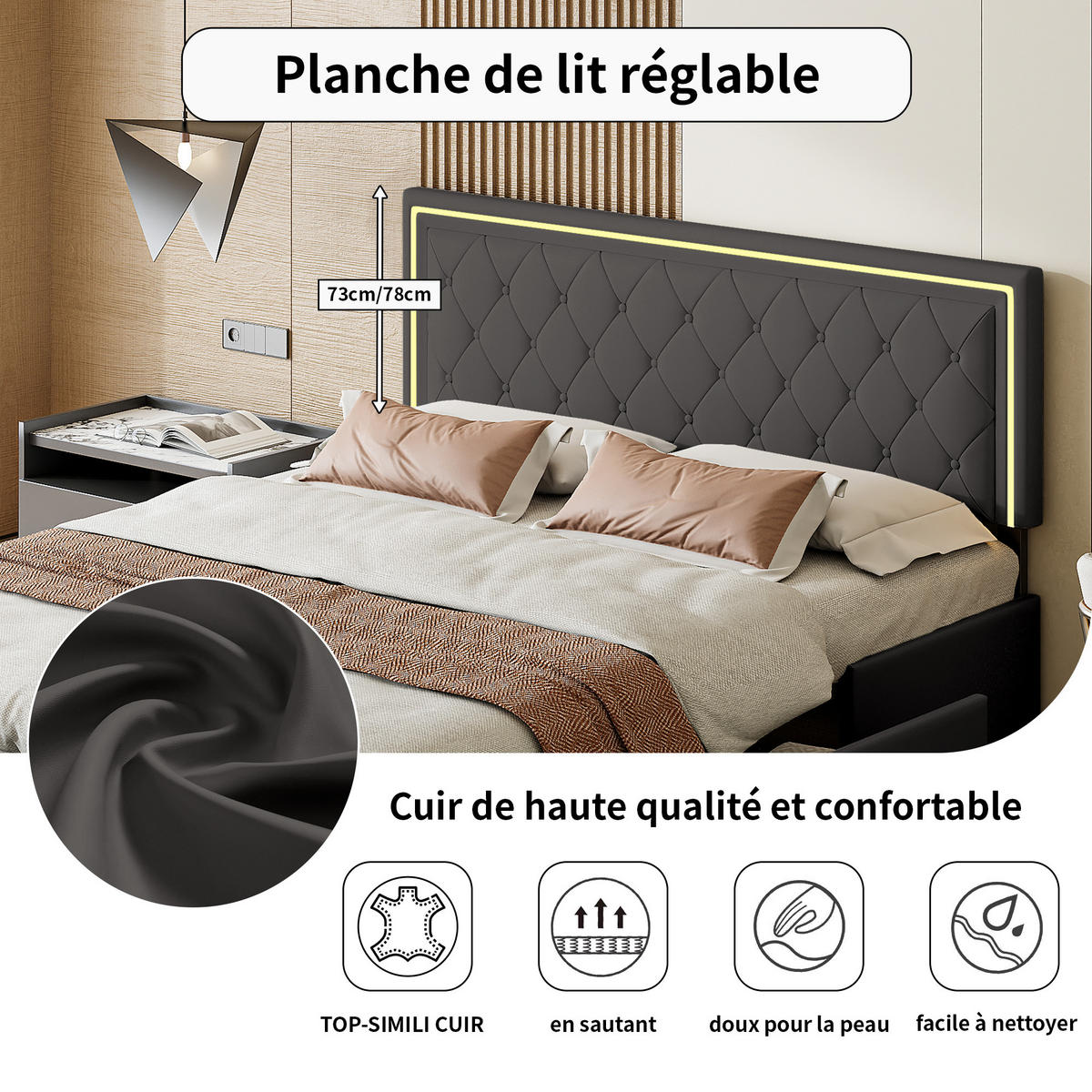 POLSTERBETT 140x200 cm, Grau, LED-Beleuchtung - Grau, Textil/Metall (140/200cm)