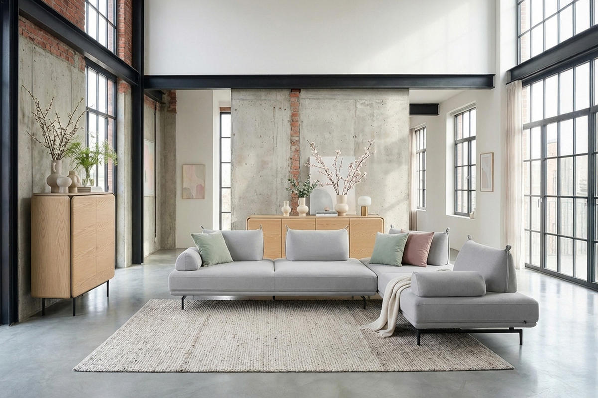 ECKSOFA CANE Grau Webstoff - Schwarz/Grau, Textil/Metall (310/210cm) - KAWOLA