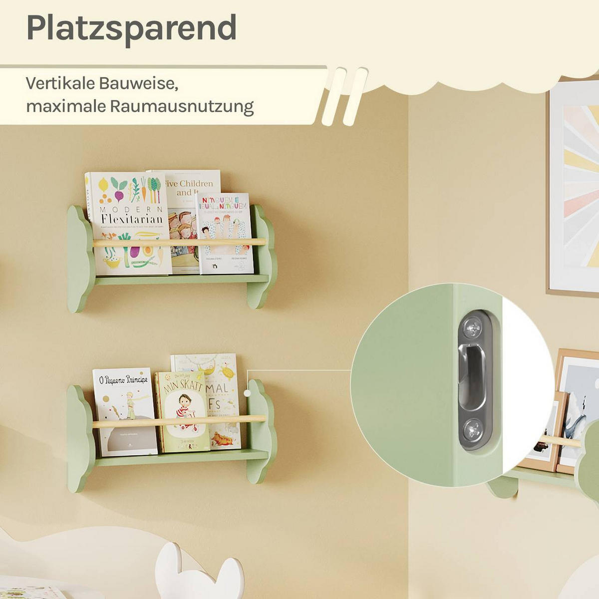 KINDER-WANDREGAL 3er Set, Kiefernholz, 45 x 12,7 x 23cm, Grün - Grün, Holz/Holzwerkstoff (45/23/12.7cm) - Woltu