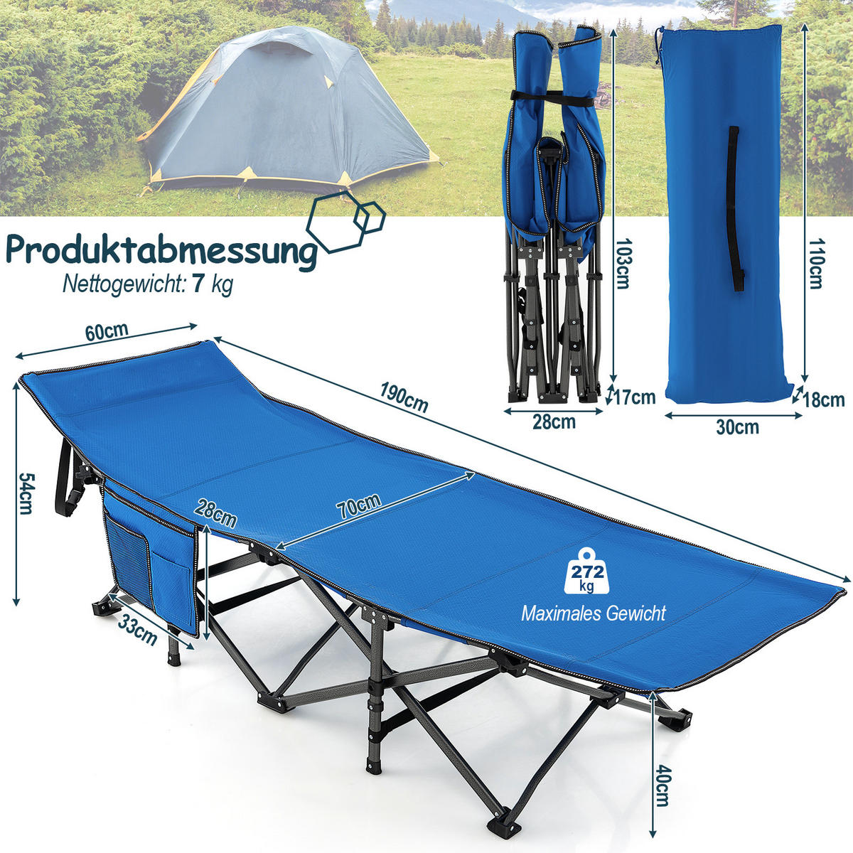 CAMPINGLIEGE Klappbare Blau - Blau, Metall - COSTWAY