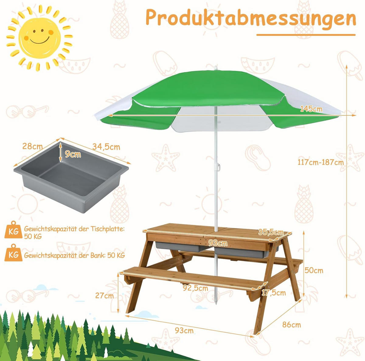 PIKNIKOVÝ STÔL 50 cm, biely - biela, drevo - COSTWAY