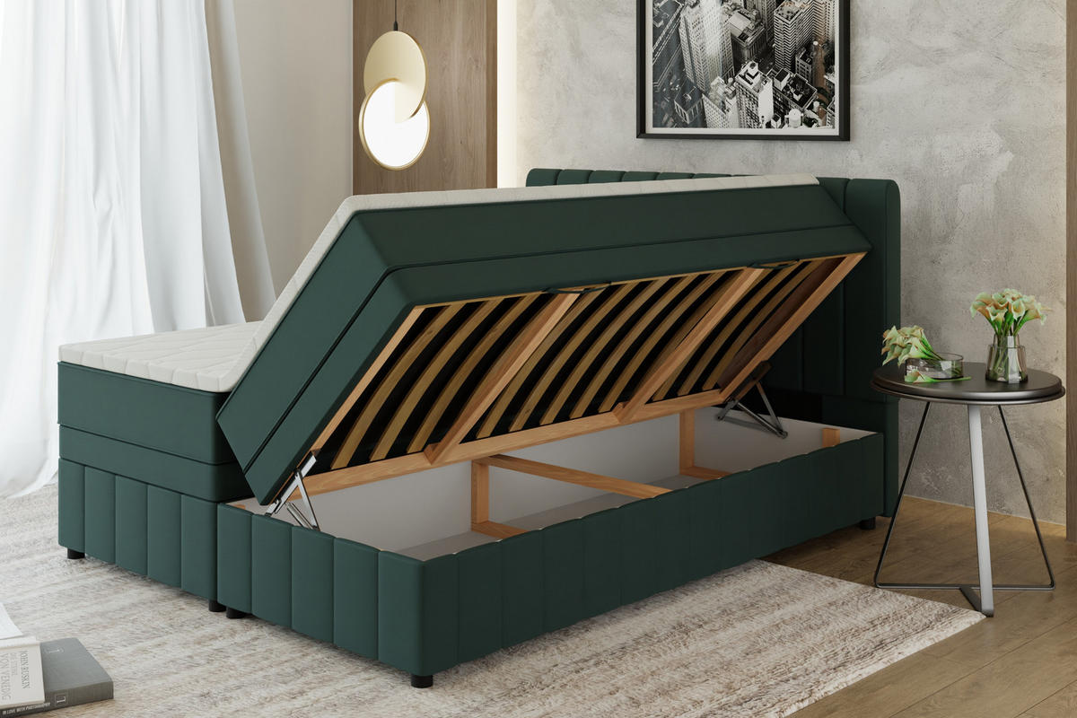 BOXBETT AVALON 160 x 200 cm mit Bettkasten und Topper - Dunkelgrün - Dunkelgrün, Holz - Panda Möbel
