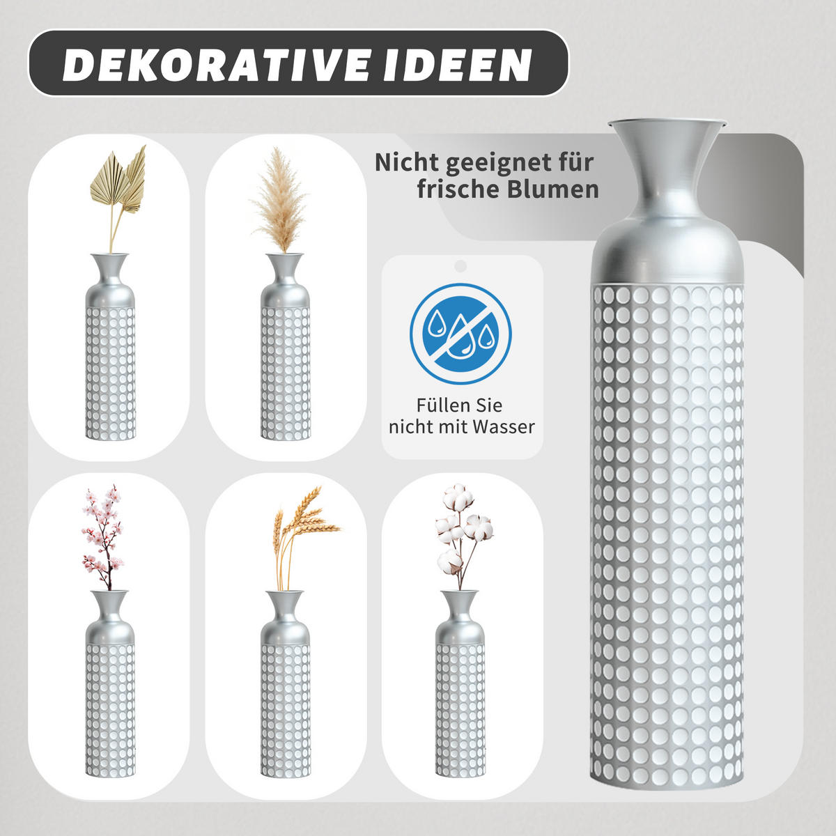 BODENVASE 3-tlg 49,5-84cm Metall-Bodenvase Silber Hochglanz Dekovase Punktmuster - Silberfarben, Metall (24.5cm) - Raelunyi