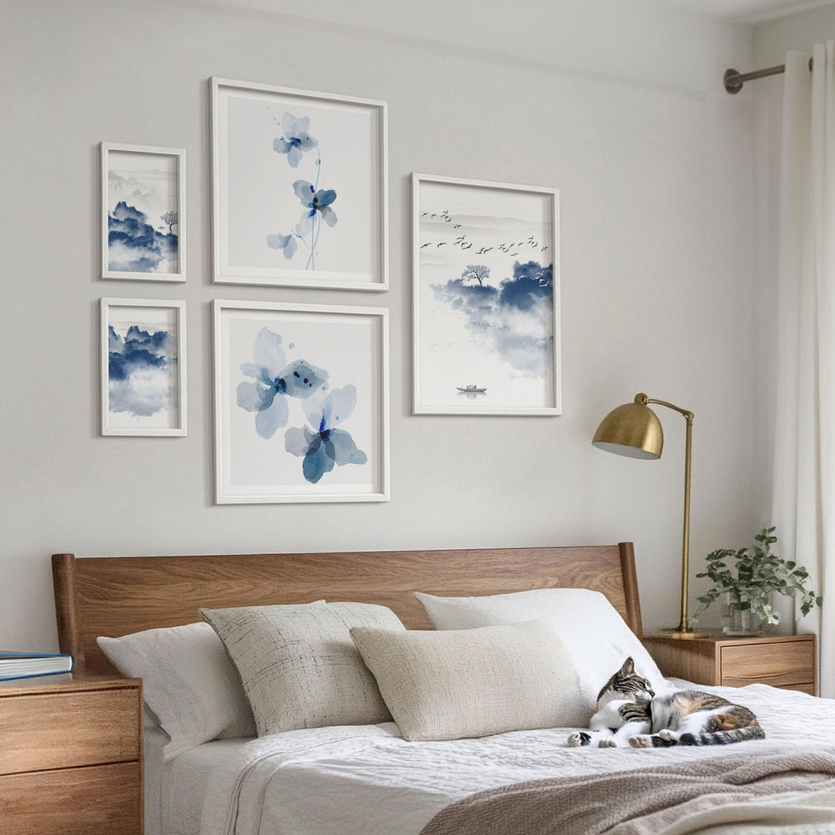 BILDER SET 5er Set - 50x50 cm & 20x30 cm & 40x60 cm Weißer Rahmen - Berge, Wolken, Bäume, Vögel im Hintergrund - Weiß, Kunststoff (40/60cm) - TULUP