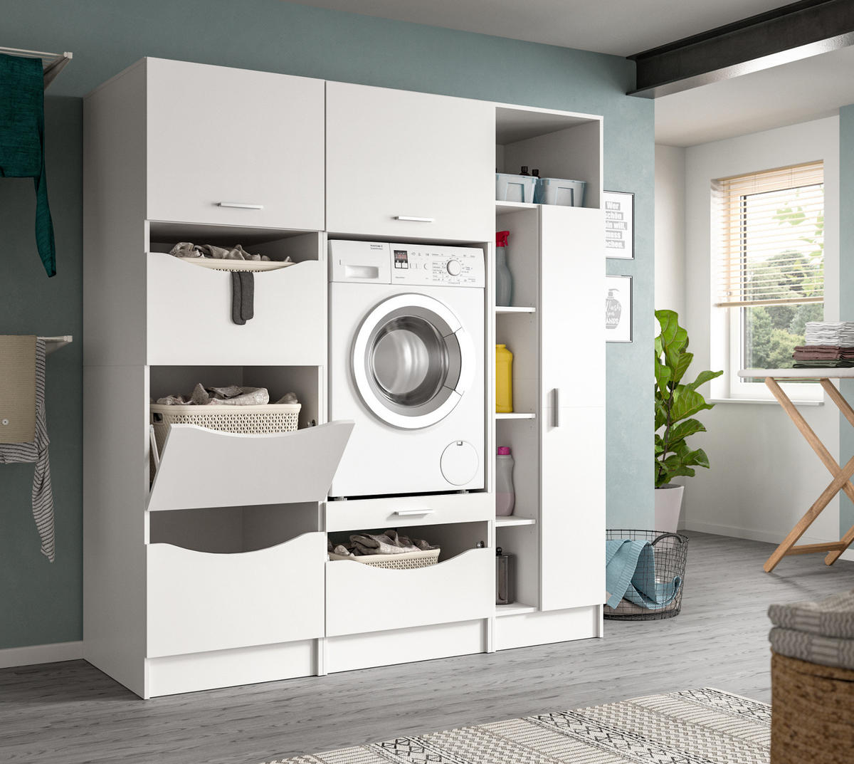 WASCHMASCHINENSCHRANK weiß Set 3-teilig, Waschmaschinenumbau 176 cm mit viel Stauraum - Silberfarben/Weiß, Glas/Holzwerkstoff (176/195/68cm) - Inn.Furn