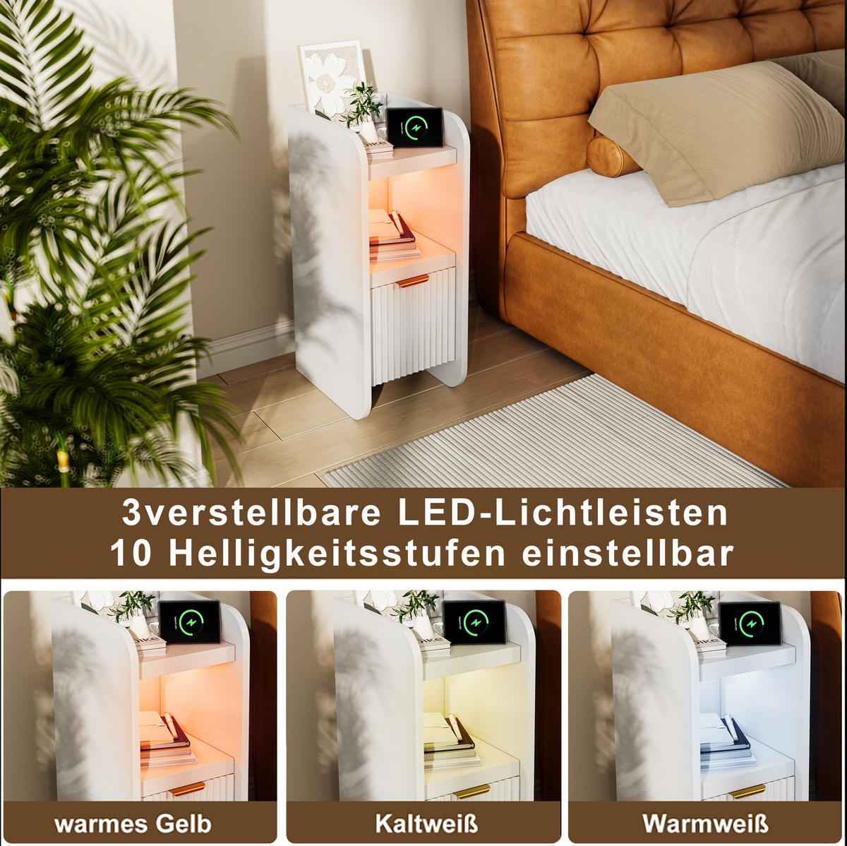 NATTDUKSBORD 2-delat set, vitt med LED, låda och USB-laddningsstation - Vit, Träbaserade material (25/60/30cm) - SHOPENTRA