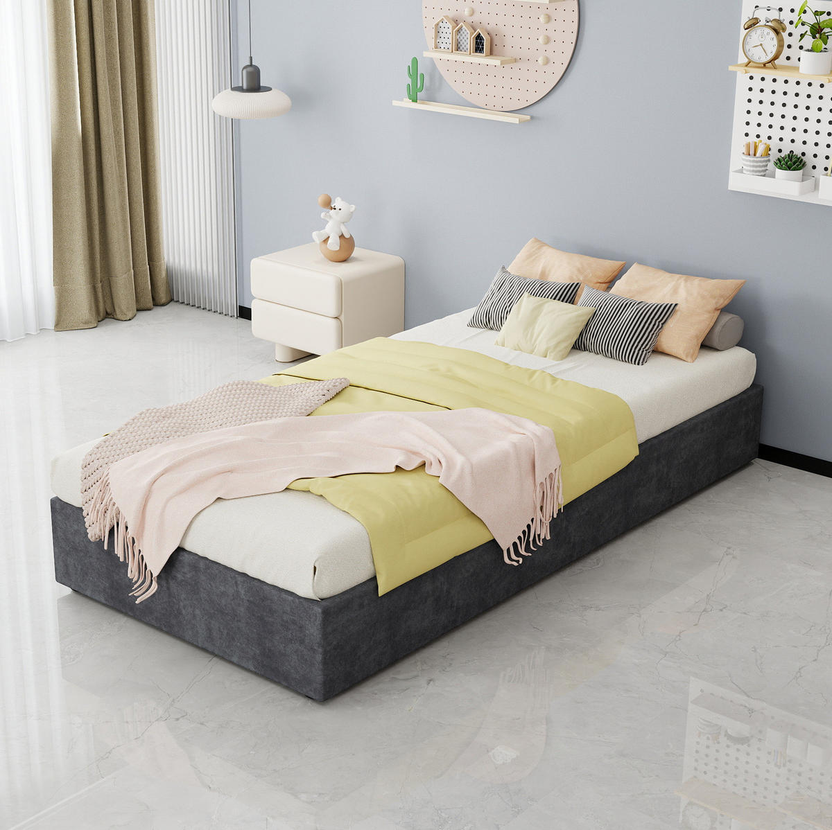 POLSTERBETT 90/200 cm mit stabilem Metallgestell und Gaslift, Grau - Grau, Textil (90/200cm) - Redom