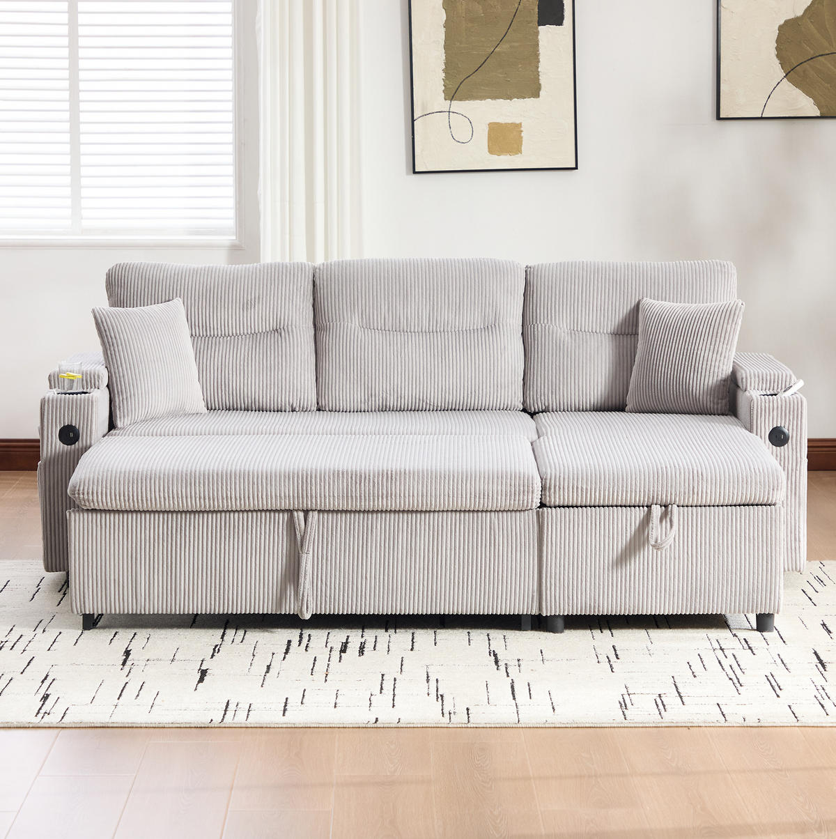 ECKSCHLAFSOFA 3-Sitzer Cord mit Schubladenbett und USB-Anschluss Hellgrau 212,5/136/86 cm - Hellgrau, Textil (136/212.5cm) - Redom