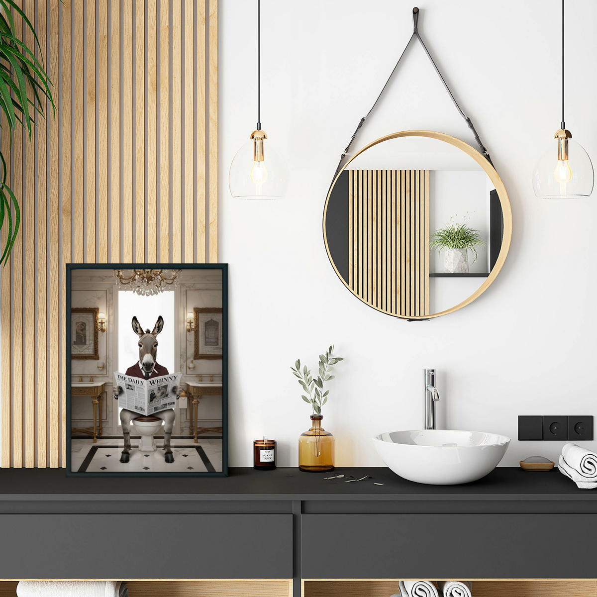 POSTER für Badezimmer WC ESEL im Anzug auf Toilette mit Zeitung Glamour 50x70cm - Beige/Schwarz, Papier (50/70/70cm) - Muralo