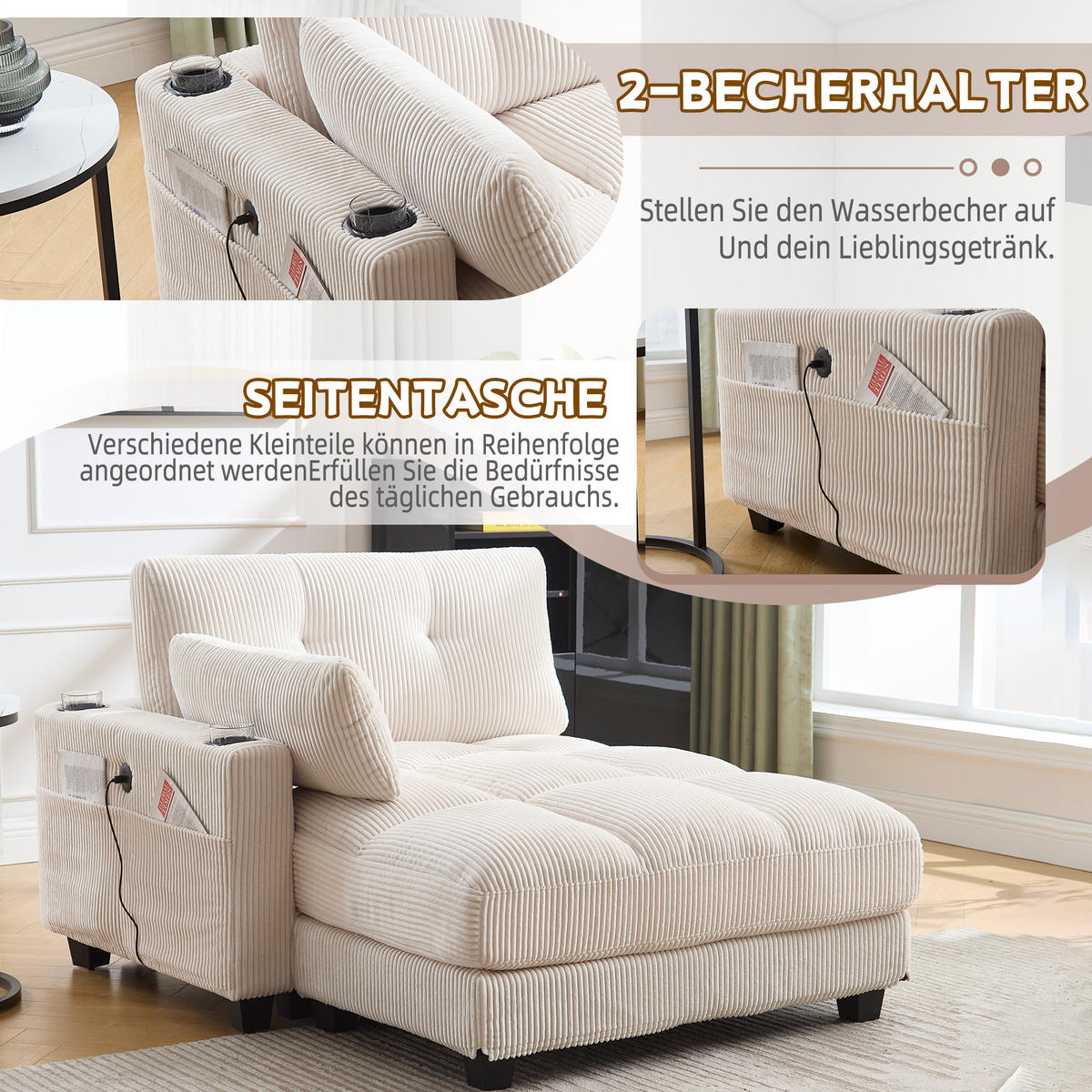 RÉCAMIERE Cord Beige mit USB, Getränkehaltern und Seitentasche - Beige, Holzwerkstoff/Kunststoff (140/81/121cm) - WISHDOR
