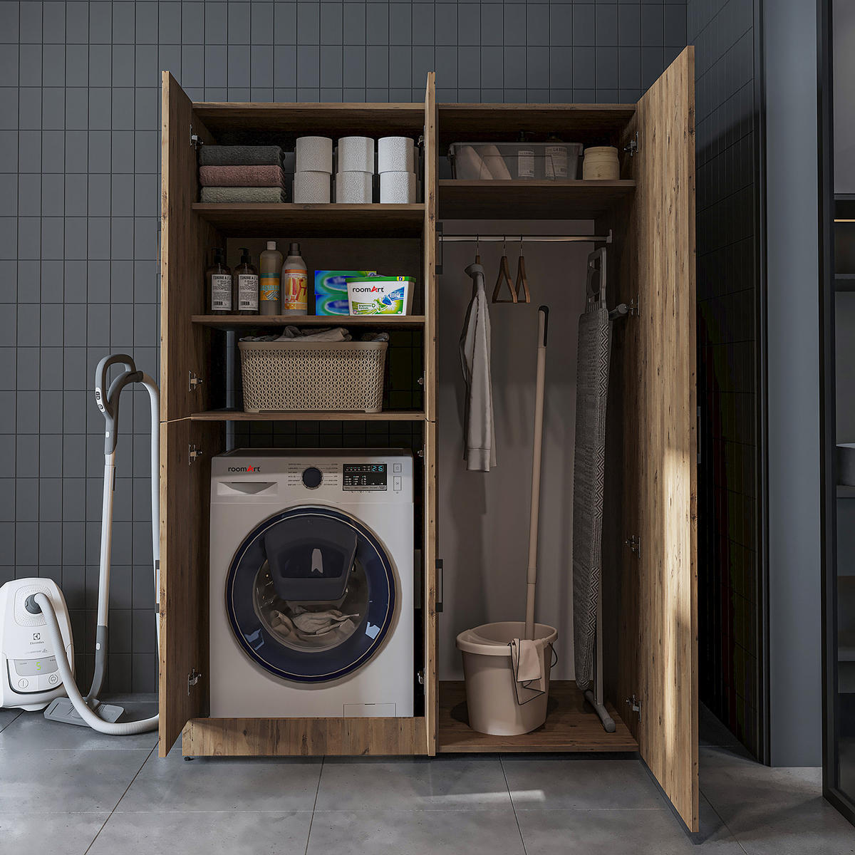 WASCHMASCHINENSCHRANK DORA-II 130cm Breit, 186cm Hoch - Eichefarben, Holzwerkstoff (130/186/73.8cm)