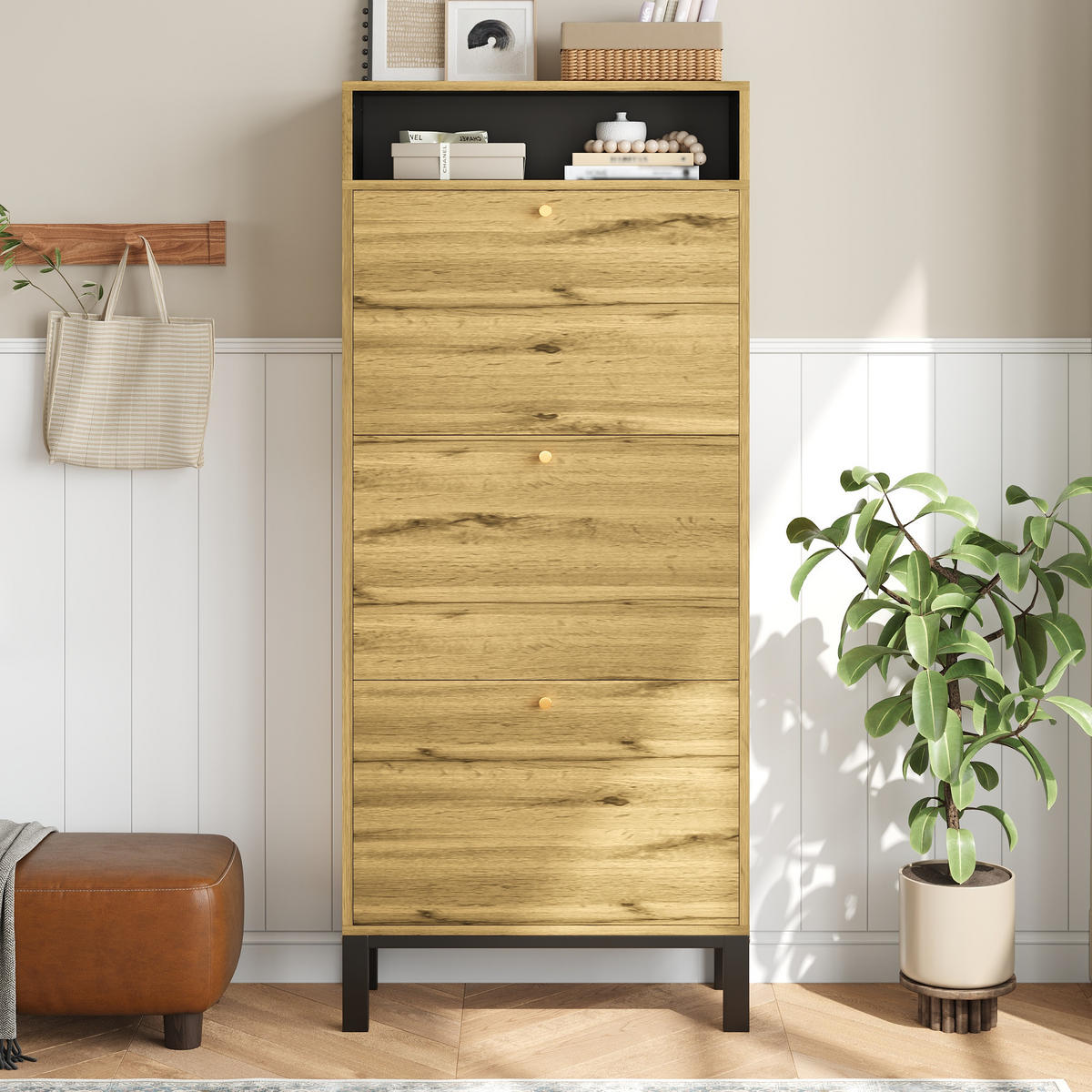 SCHUHSCHRANK hoch schmal 3 Klappen 147 cm - Naturfarben, Holz (63/147/24cm) - LEBENLANG