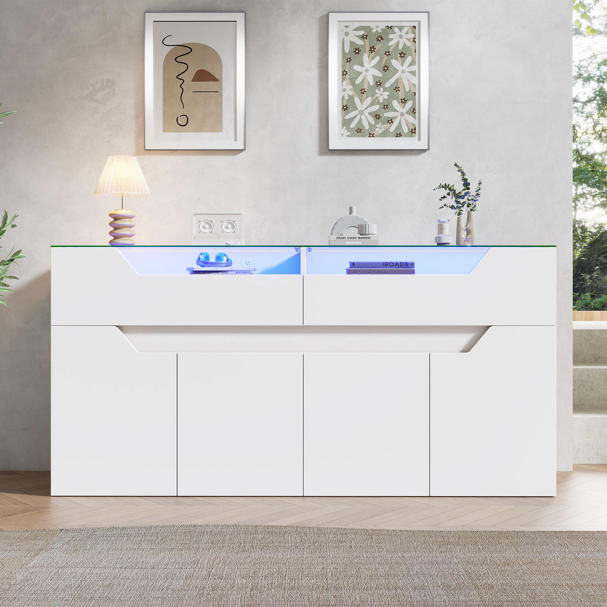 SIDEBOARD Weiß MDF 2 Schubladen Glasplatte 140cm Modern - Weiß, Holzwerkstoff (140/70/40cm) - FLIEKS