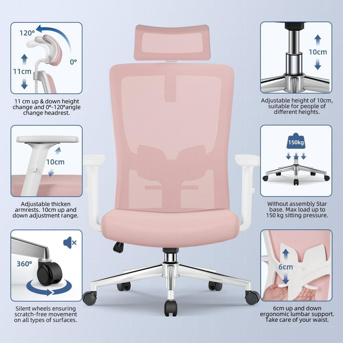 BÜROSTUHL Ergonomisch mit Lendenwirbelstütze Rosa - Rosa, Textil (70/128/70cm)