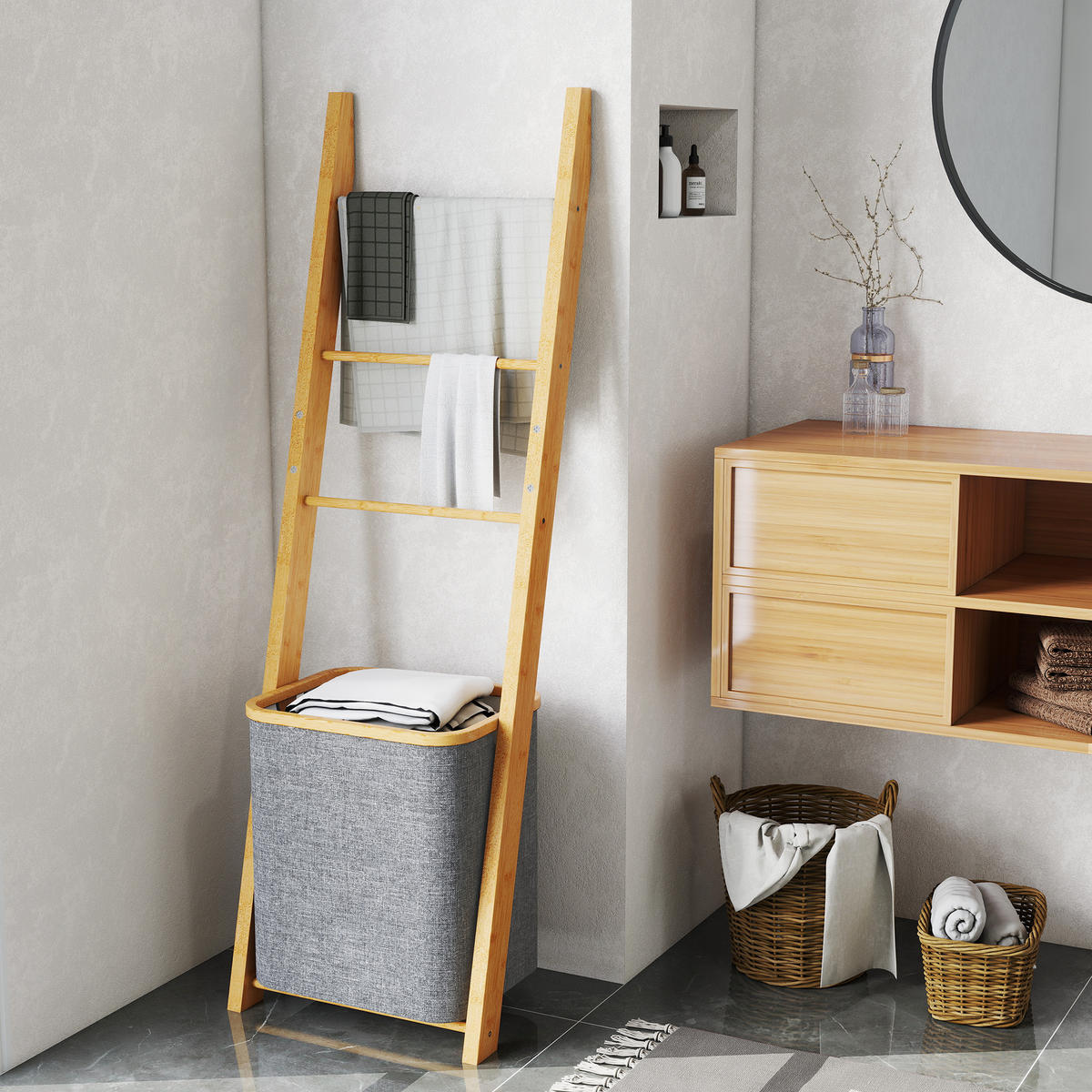 HANDTUCHLEITER DE-17344 mit Wäschekorb (48 l) & 3 Stangen Grau - Grau, Naturmaterialien (43/133/35cm) - ComfortXL