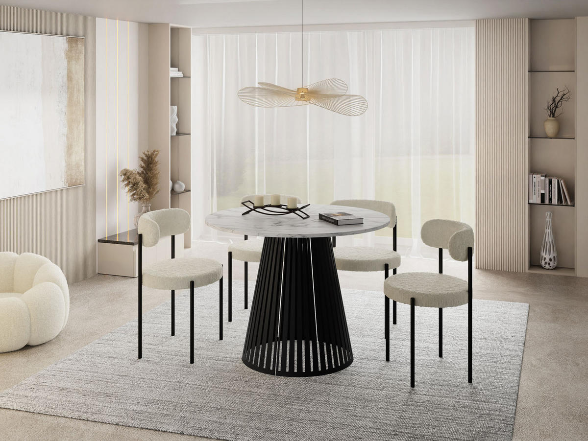 ESSTISCH Naro runder ausziehbarer, Marmor Weiß 100-180/100/76 cm - Ecru/Schwarz, Holzwerkstoff/Metall (100/100/76cm) - WFL GROUP
