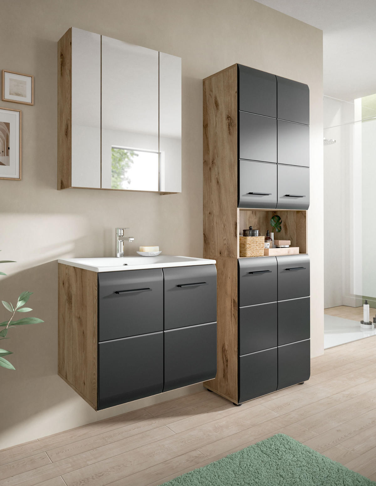 BADMÖBEL-SET 3-teilig schwarz matt, Nox Eiche, Badkombination 135 cm inklusive Waschbecken - Eichefarben/Schwarz, Glas/Holzwerkstoff (135/185/46cm) - Inn.Furn