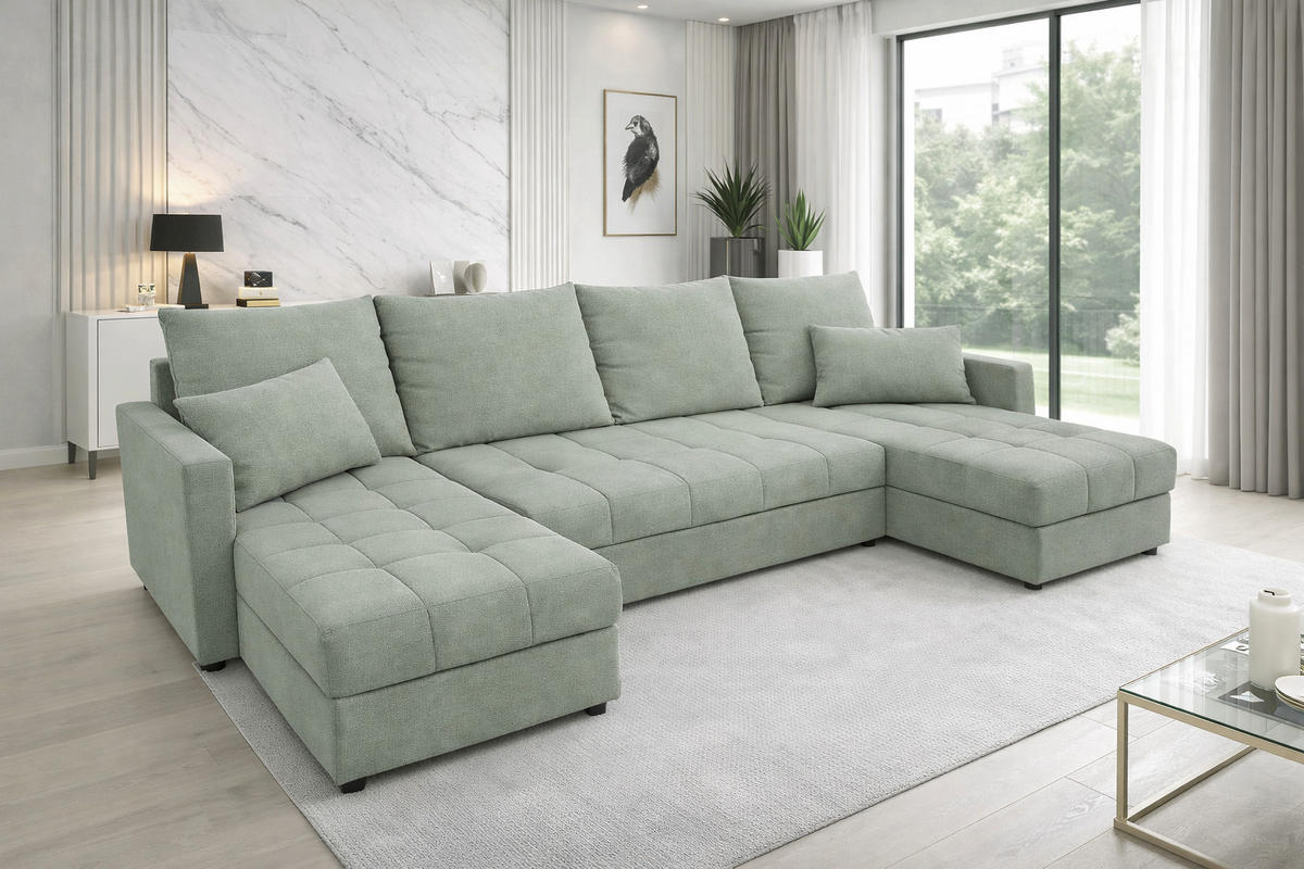 WOHNLANDSCHAFT AURELIA – Ecksofa in U-Form mit Schlaffunktion, Bettkasten & Kissen Stoff KRONOS 287 cm Grün - Hellgrün, Kunststoff (287/140cm) - Wohnideebilder