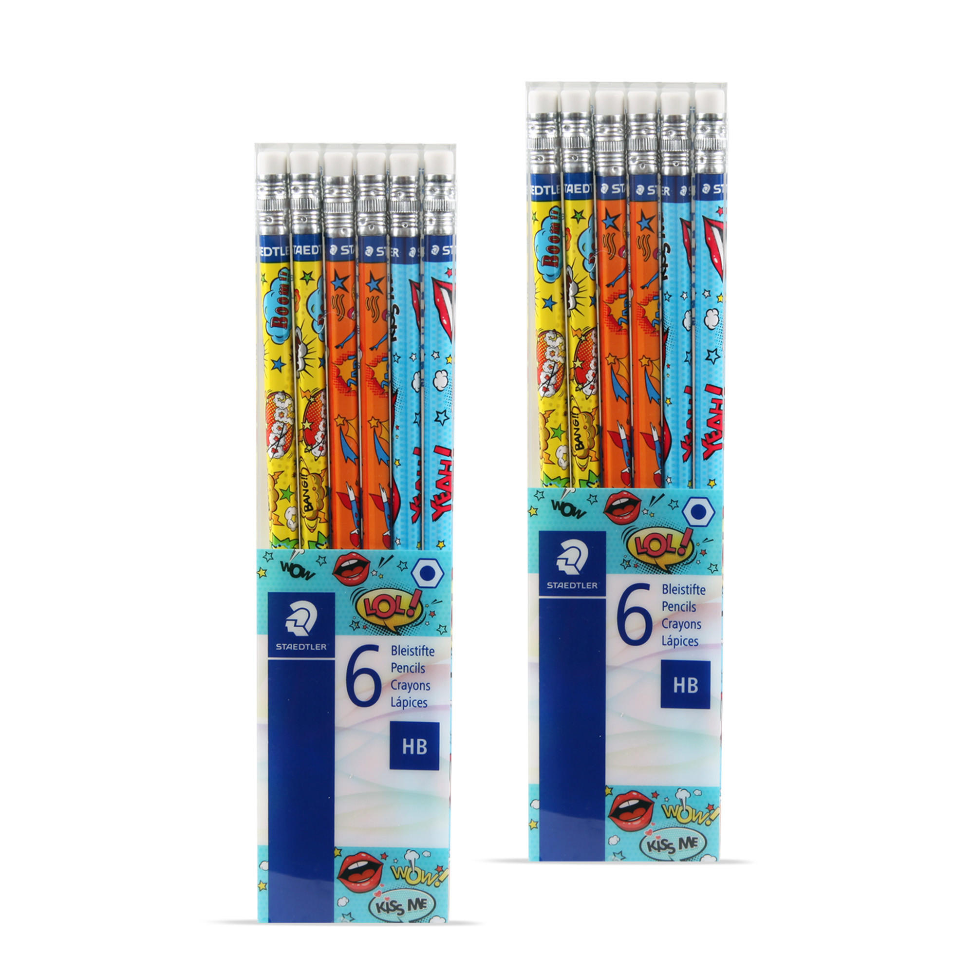 BLEISTIFT 2 x 6er Set Zeichenstifte aus Holz für Kinder und Erwachsende, Comic Design - Vorgespitzte Holzstifte mit Radiergummi zum Malen, Zeichnen - Blau/Multicolor, Naturmaterialien (9/19cm) - Bestlivings