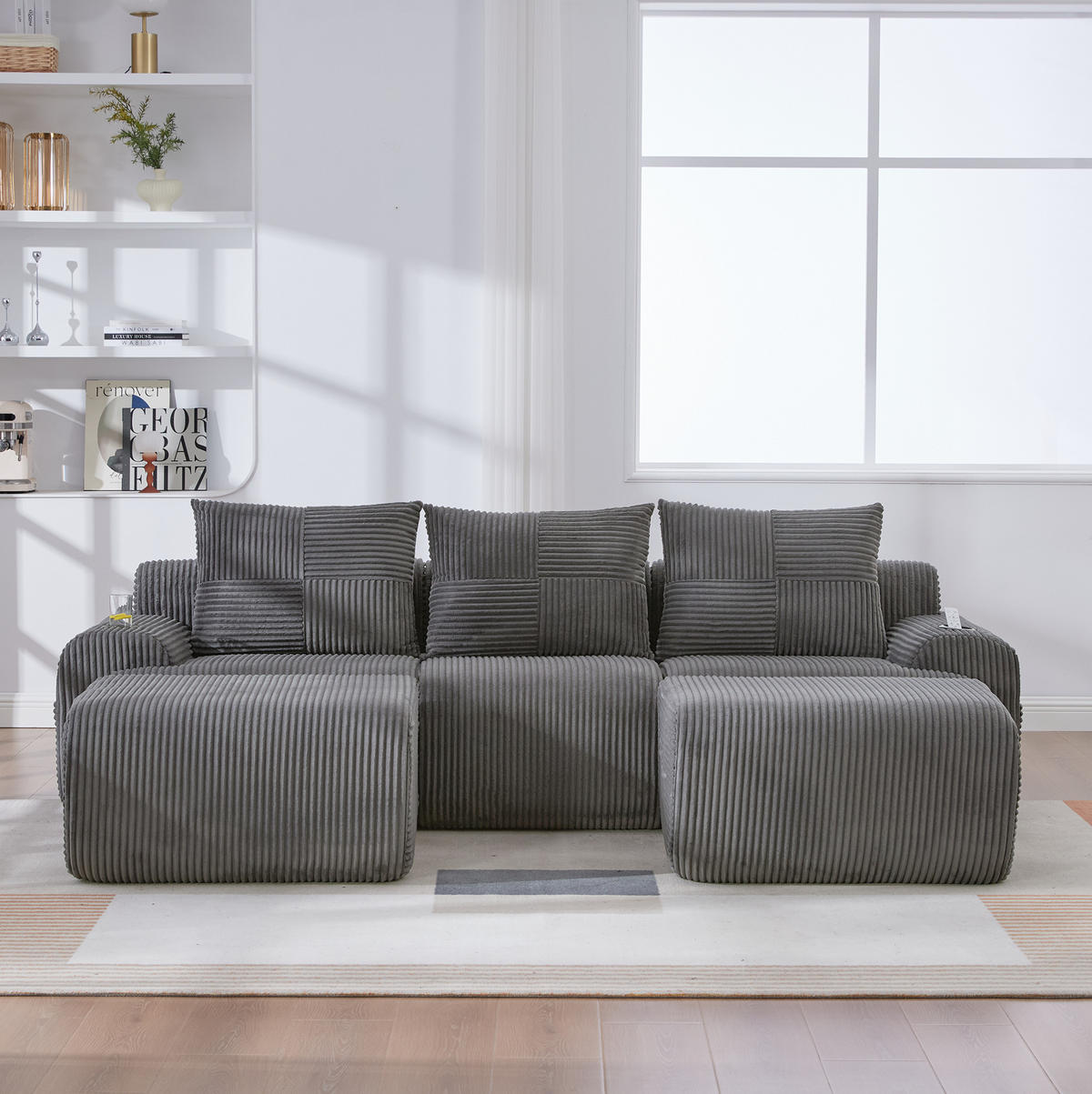 3-SITZER Wohnlandschaft Cord mit Getränkehalter und Seitentasche 268/174/80 cm Dunkelgrau - Dunkelgrau, Textil (174/80/268cm) - Redom