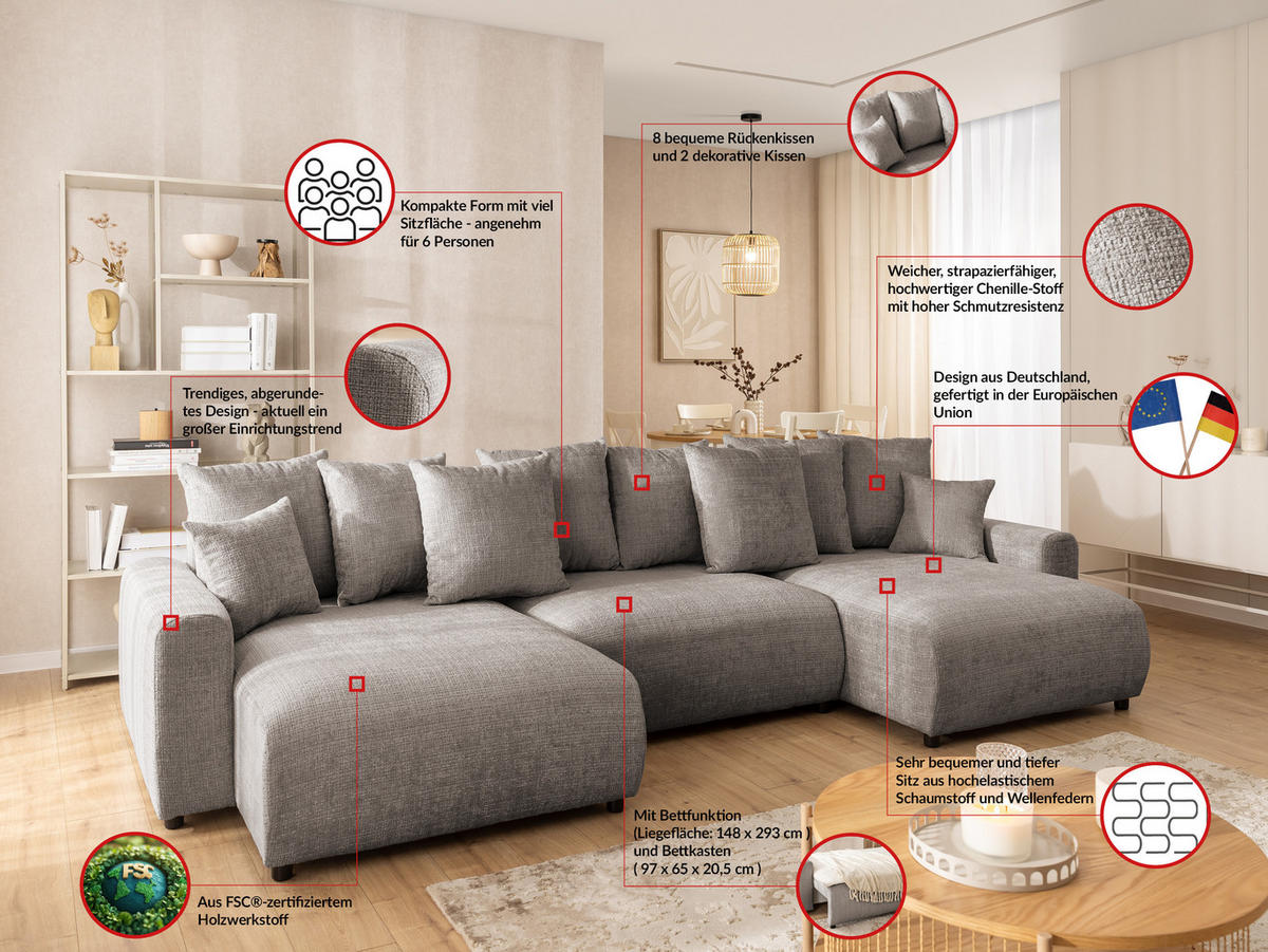 WOHNLANDSCHAFT Calma mit Schlaffunktion und Bettkasten im Bumpy-Design aus weichem Taupe Chenille-Stoff - Taupe/Schwarz, Holz/Kunststoff (336/88/140cm) - S-Style Möbel