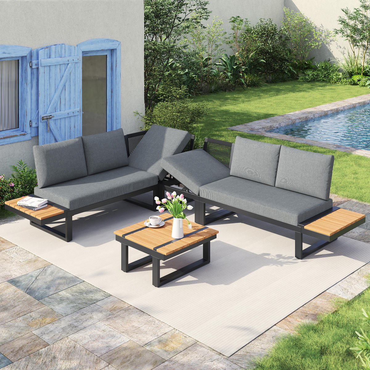 GARTENMÖBEL-SET, 2 Relaxbetten, Eckposition, Kippfunktion bis 55°, Grau - Grau, Textil - FLIEKS