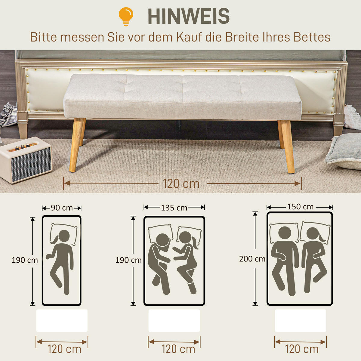 SITZBANK, Polsterbank mit Leinenoptik, Holzbeine 120 x 41 x 43 cm, Creme - Creme, Kunststoff (41/43/120cm) - HOMCOM